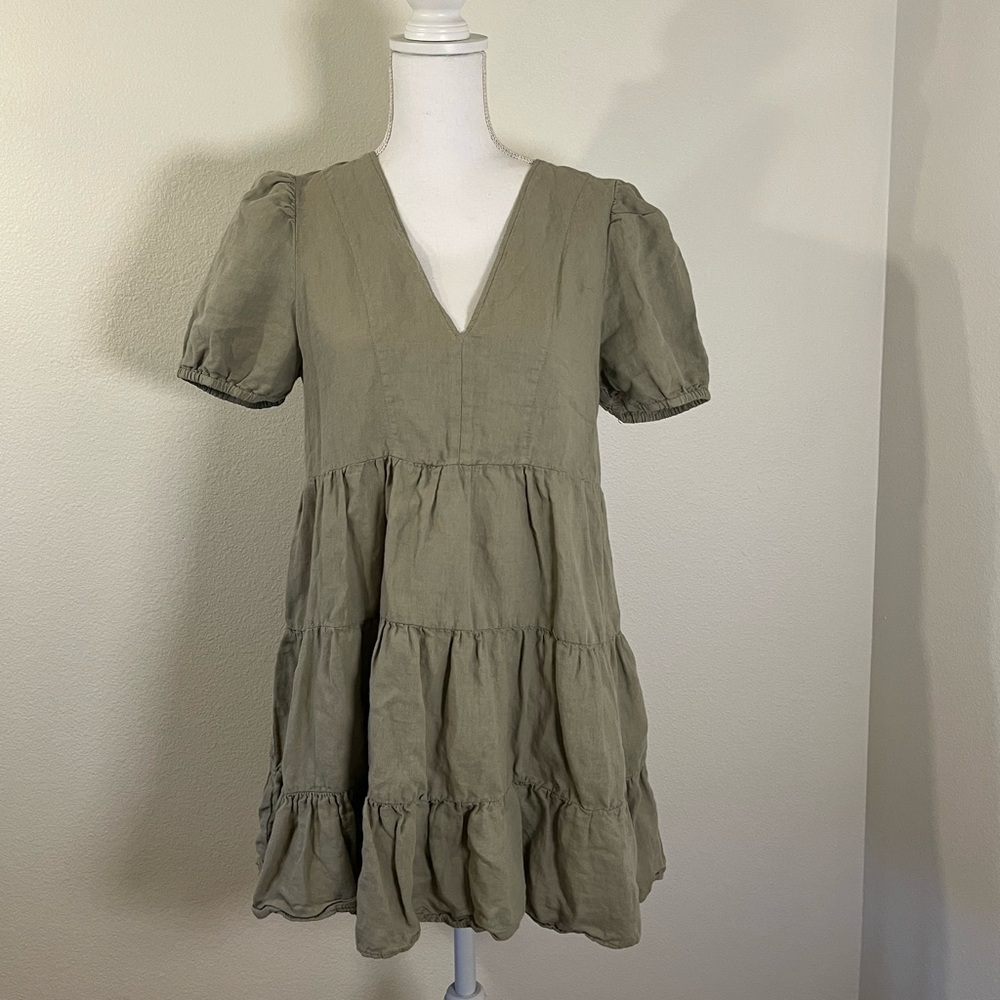Zara Green Tiered Boho Linen Mini Dress